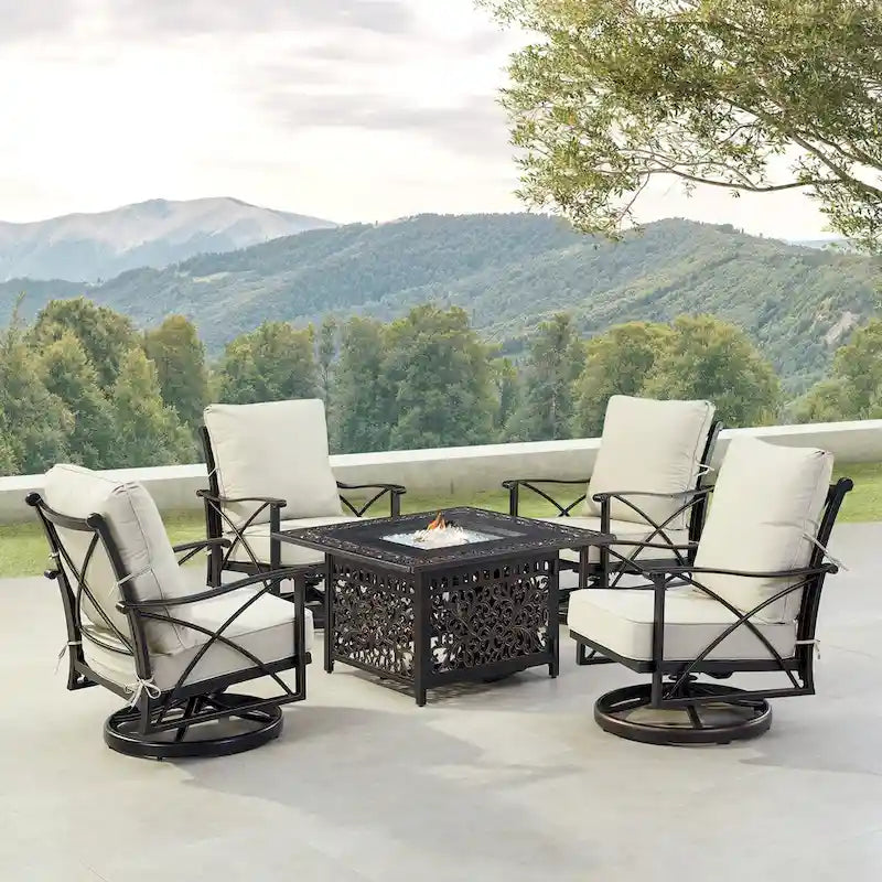 Black Aluminum Fire Table Set with Four Club Chairs