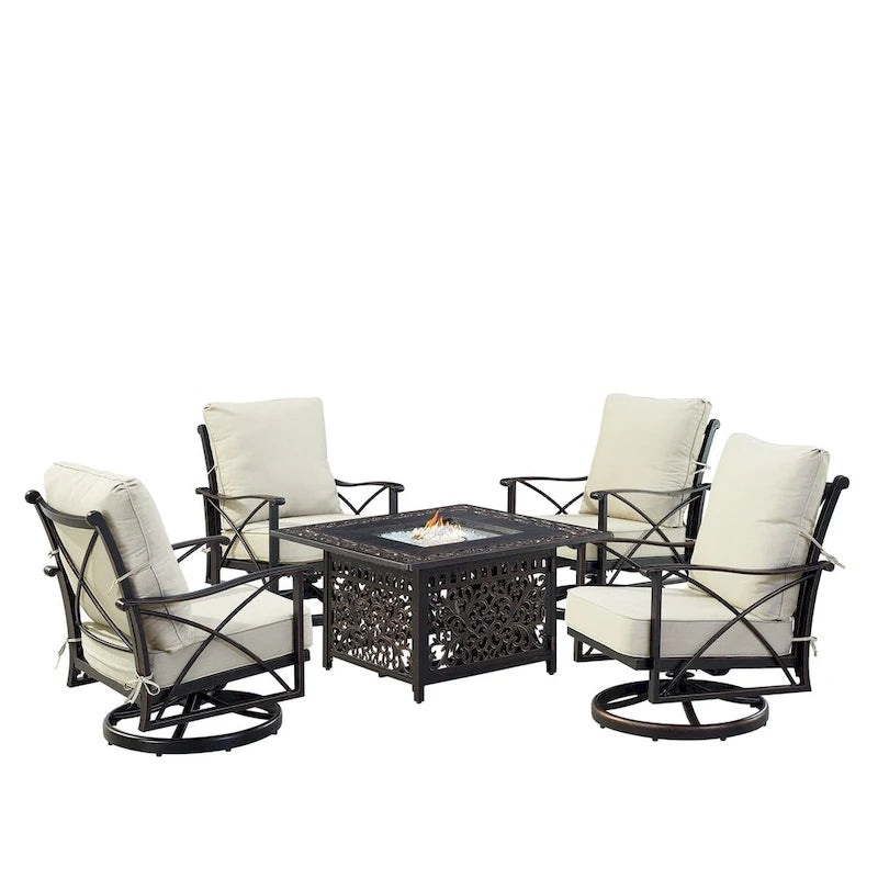 Ensemble table brasero en aluminium noir avec quatre fauteuils de club