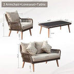 Ensembles de conversation de patio 4 pièces, ensemble de patio extérieur en rotin tressé à la main en osier et cadre en aluminium - 54.72 * 31.69 * 22.83
