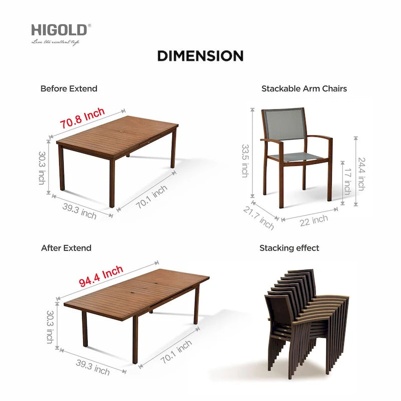 HIGOLD Carlo Ensemble de salle à manger d'extérieur 9 pièces avec trou pour parasol - 8 places