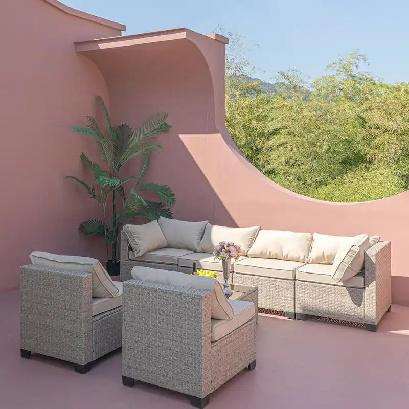 Ensemble de meubles de patio 8 pièces, ensemble de conversation extérieur Boho toutes saisons avec canapé modulaire et coussins épais résistants à l'eau