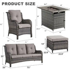 Ensemble de 6 pièces : canapé, fauteuils et pouf d'extérieur avec table brasero - Gris