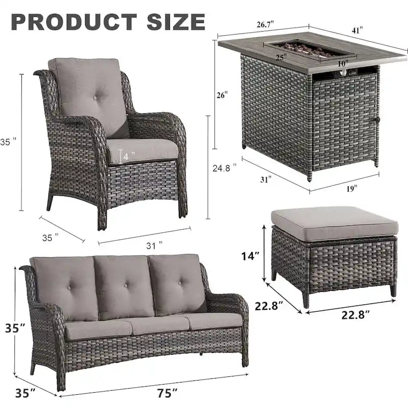 Ensemble de 6 pièces : canapé, fauteuils et pouf d'extérieur avec table brasero - Gris