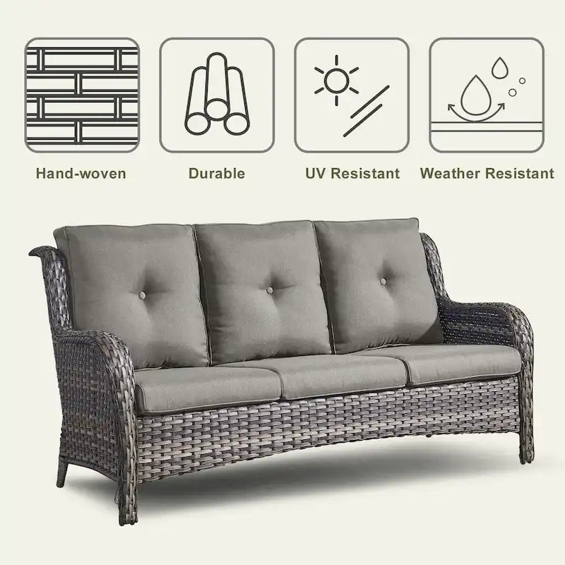 Ensemble de 6 pièces : canapé, fauteuils et pouf d'extérieur avec table brasero - Gris