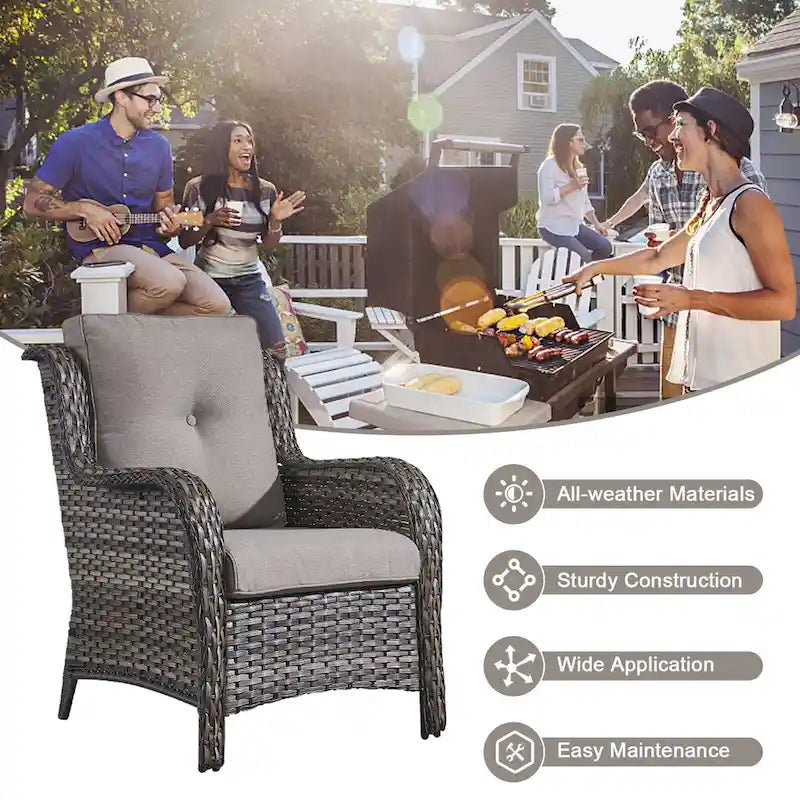 Ensemble de 6 pièces : canapé, fauteuils et pouf d'extérieur avec table brasero - Gris