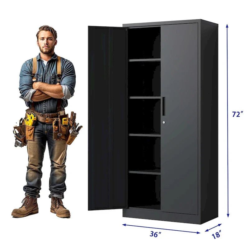 Armoire de rangement de garage en métal 72H, armoire de rangement noire en acier avec portes et 4 étagères