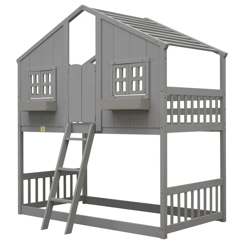 Lit superposé cabane jumeau sur jumeau avec toit, fenêtre, jardinière, porte, barrières de sécurité et échelle, gris