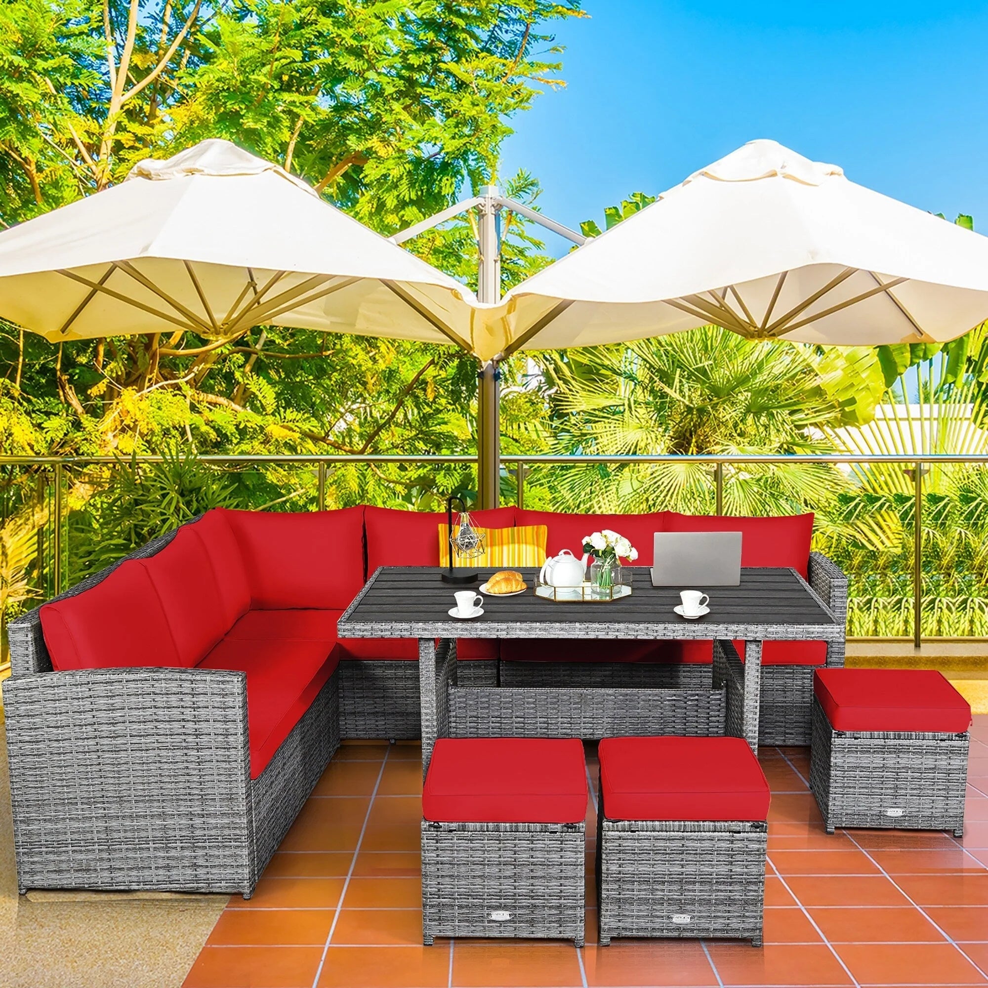 Ensemble de salle à manger Costway 7 pièces en rotin pour terrasse, canapé sectionnel et pouf - Voir détails