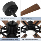 Ventilateur de plafond télécommandé avec lumières, grandes 8 pales en bois