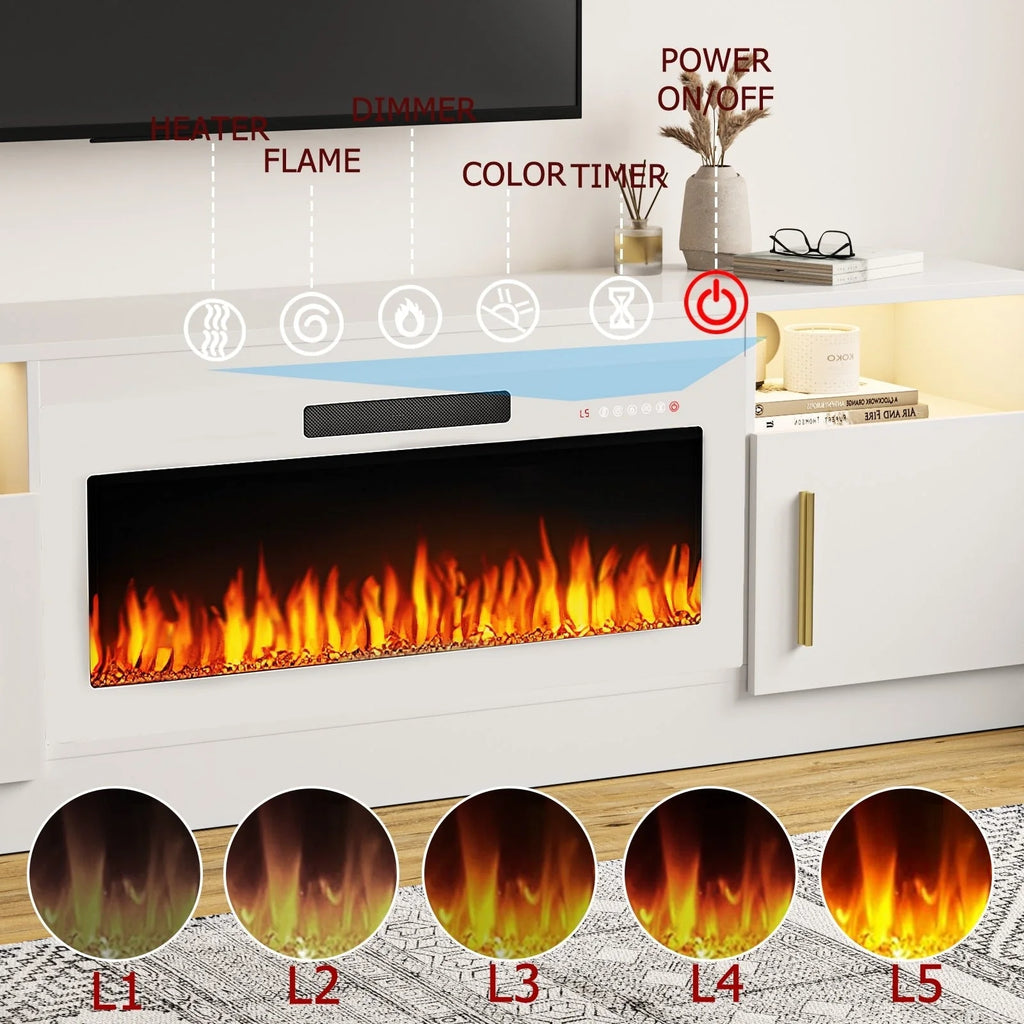 Meuble TV cheminée Bossin 70 avec cheminée électrique 36, meuble TV pour téléviseurs jusqu'à 80 pouces, lumières LED 16 couleurs/centre de divertissement
